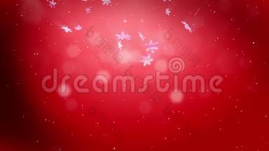 闪亮的3d雪花在红色背景下在夜间缓慢地漂浮在空气中。 用作圣诞、新年贺卡